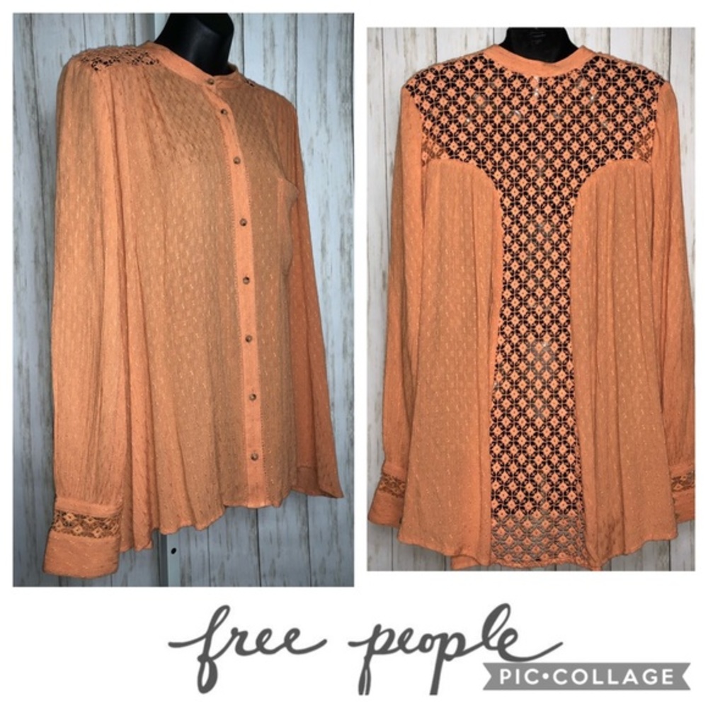 Free People Orange Long Sleeve Medium Lace Blouse